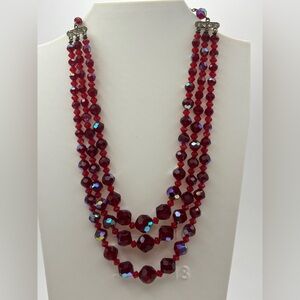 Vintage Elegant Red AB Beaded Necklace three strands with Clip ons set